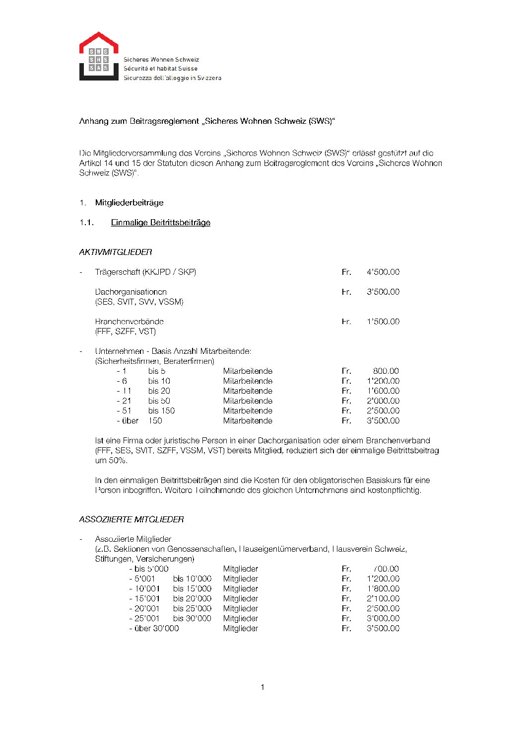 Anhang Beitragsreglement SWS